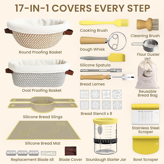 Sourdough Starter Kit with Cotton Rope Banneton Basket & Jar, Bread Baking Supplies and Tools Set, Complete Sourdough Bread Making Kit, Baking Gift for Women Moms & Beginners