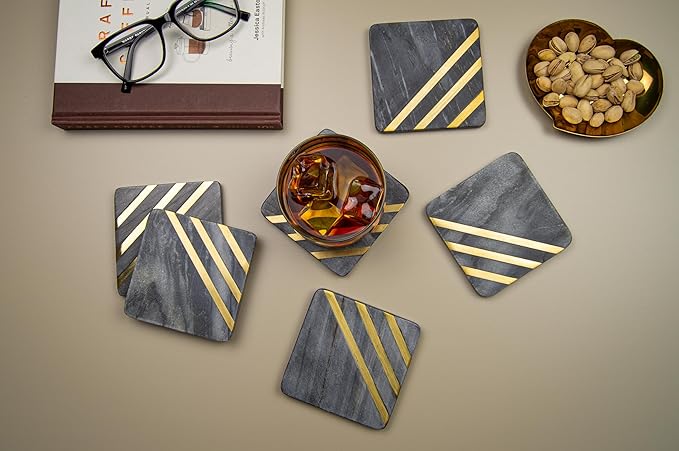Cork & Mill Grey Marble Coasters Set of 6 - Real Natural Stone Gray and Black Coasters for Drinks - Luxury Gold Aesthetic - Modern Coffee Table Decor - Semi Absorbent Stone