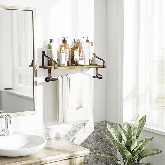 Love-KANKEI Floating Shelf Wall Shelf for Storage Rustic Wood Kitchen Spice Rack with Towel Bar and 8 Removable Hooks for Organize Cooking Utensils or Mugs Carbonized Black/Brown Brackets