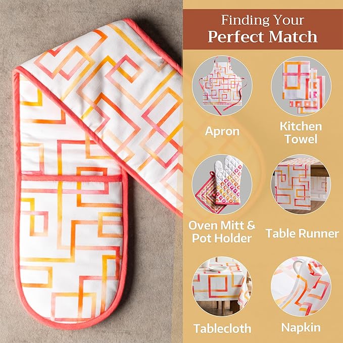 Maison d' Hermine Double Oven Mitts 100% Cotton 7"x35" Double Oven Mitt Heat Resistant BBQ Cooking Gloves with Loop, Baking, Grilling, Home, Kitchen, Handling Hot Pans Spring Summer (Summer Maze)