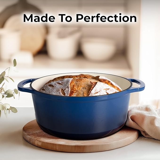 Zulay Kitchen 6 Quart Enameled Cast Iron Dutch Oven with Lid – Premium Durability & Oven Safe up to 500°F – Heavy Duty Cookware Perfect for Bread Baking, Stews, Braising & Roasting – Blue