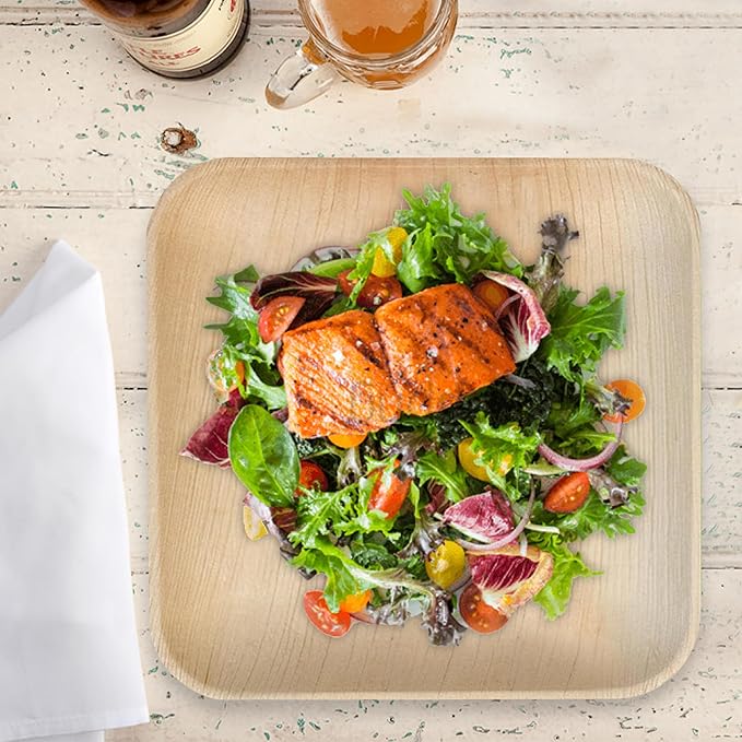 Raj Eco Compostable Palm Leaf Plates Like Bamboo Plates Disposable - 10 Inch Square 50 Party Plate, Natural Wooden, Eco-Friendly, Fancy Biodegradable & Disposable Wedding Picnic Plate