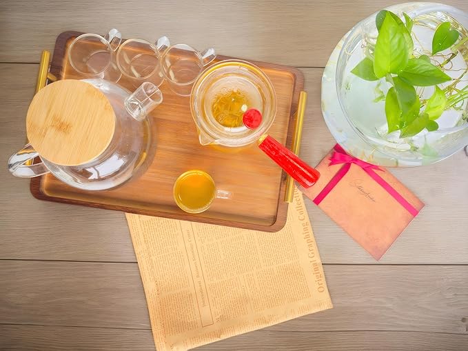 Bamboo Serving Tray with Gold Handles - Small Wood Serving Tray for Breakfast in Bed, Coffee Table, Dinner & bar - Decorative Bed Table Tray for Kitchen or Bedroom(11.8" x 7.5" x 2")