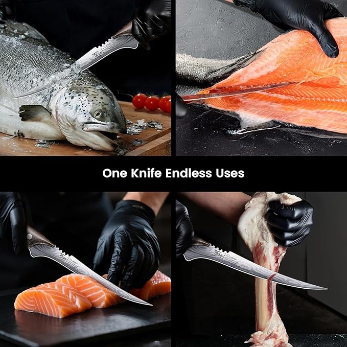 Fillet Knife, Razor Sharp 7.2 Inch Boning Knife, High Carbon Stainless Steel Filet Knives with High Flexibility, Wooden Handle, Full Tang Damascus Pattern Fishing Knives, Fishing Gifts for Men