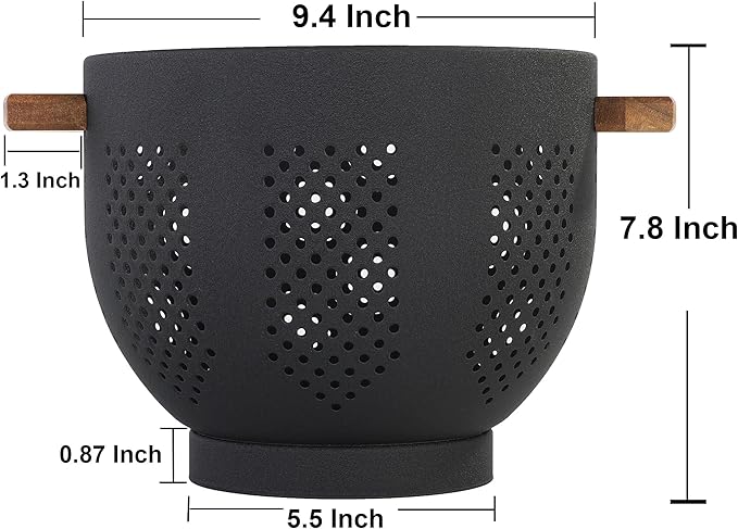 Metal Colander with Wood Handle and Stable Base, Powder Coated Steel Kitchen Strainer Basket for Draining Pasta, Vegetable and fruit (7quart,Matte Black)