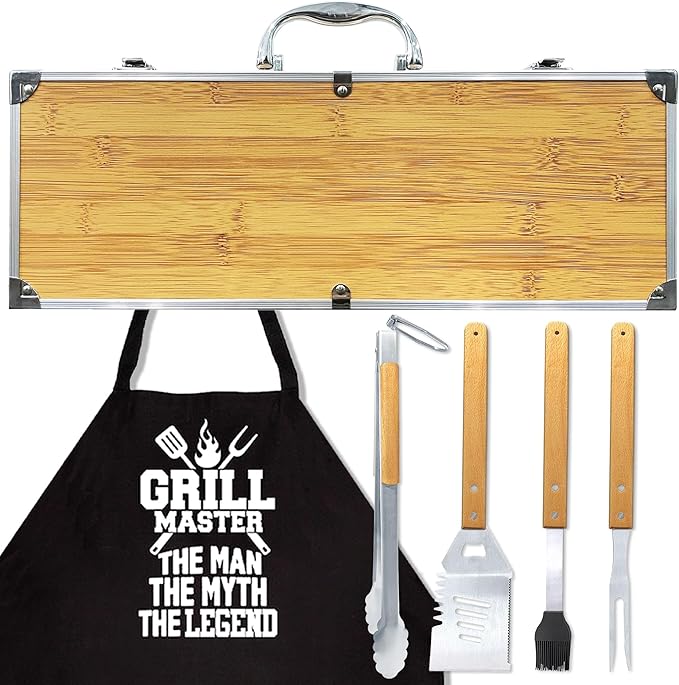 Grilling Accessories Anniversary Birthday Gifts for Dad/Husband, Heavy Duty Wooden BBQ Kit with Apron for Backyard, Thick Stainless Steel Grill Utensils with Non-Slip Handle Tools in Portable Bag