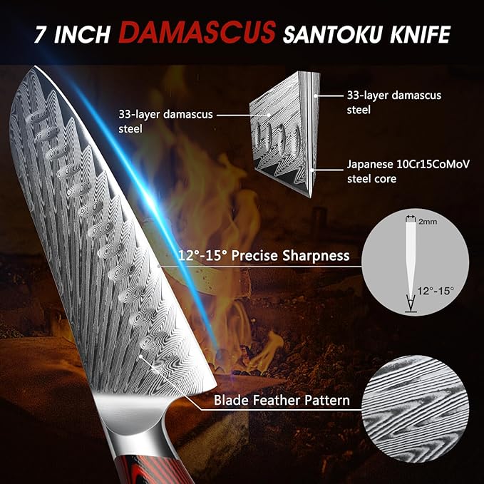 Damascus Santoku Knife, 7 Inch Professiona Kitchen Knife, Damascus Super Steel Ultra-Sharp Santoku Chef Knife with Ergonomic G10 Handle