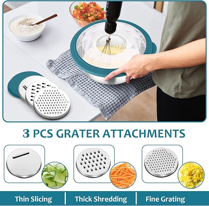 E-far Colander with Mixing Bowl Set, 4-1 Stainless Steel Colander Strainers Bowl with Graters for Kitchen, Rotatable Food Strainer Bowl for Rinsing Fruits Vegetables/Draining Pasta - Blue