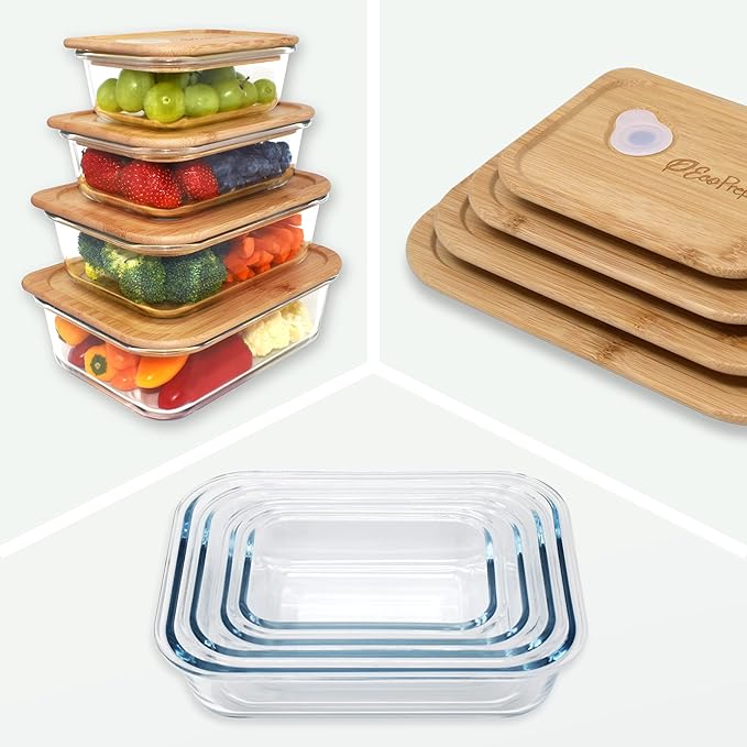 Glass Food Storage Containers with Bamboo Lids (4 Pack) - 100% Plastic Free, Eco-Friendly, Oven, Microwave Safe Meal Prep Container Set - Bamboo Lid Storage Container, Glass Lunch Containers