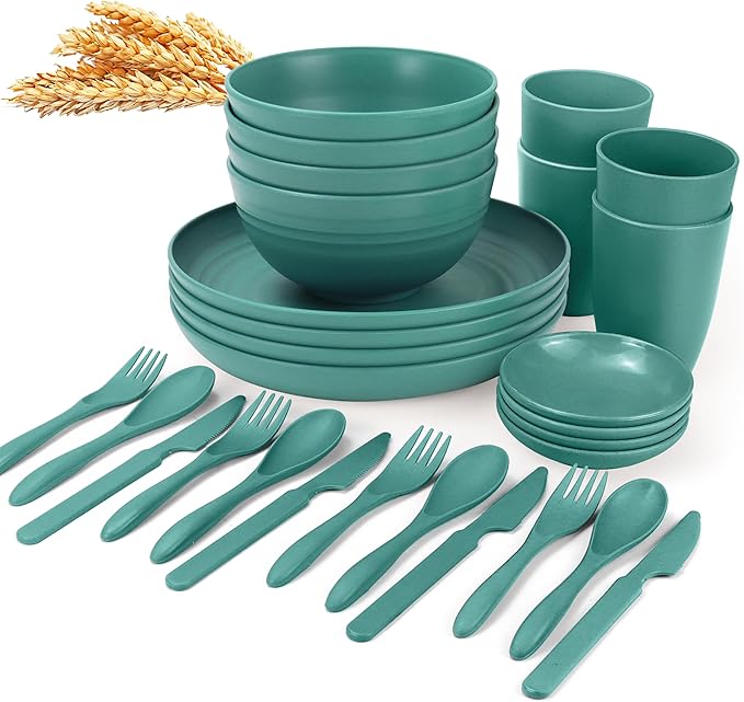 wheat straw bowls,plates,cups and cutlery sets 28 pcs - Dishwasher safe dish sets for kitchen, camping, indoors and outdoors.Green