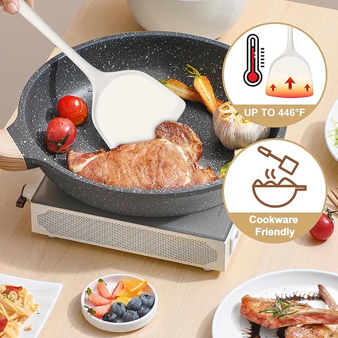 TeamFar Silicone Cooking Utensils Set of 5, Kitchen Utensils Solid & Slotted Spoons Turners Pasta Server for Nonstick Cookware, Healthy & Heat-Resistant, Seamless & Non-Scratch, Dishwasher Safe, White