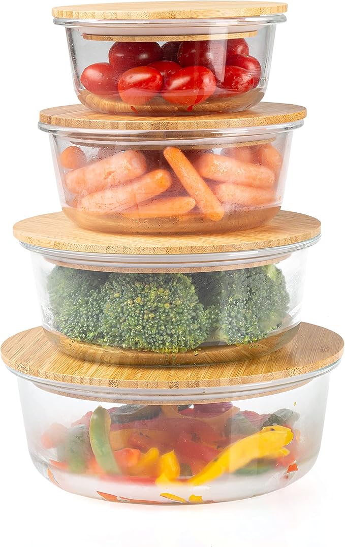 Crutello Glass Meal Prep Containers with Bamboo Lids, 4 Pack - Airtight Clear Food Storage Canisters for Kitchen Organization - A Family-Owned American Brand