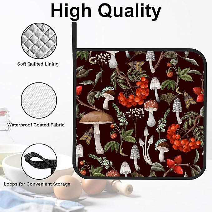 Mushrooms Pot Holders Set of 2 Heat Resistant & Non Slip Potholders, Berries and Plants Oven Hot Pads for Kitchen Cooking Baking Barbecue