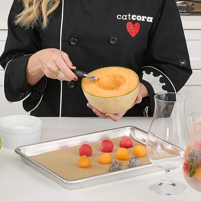 CatCora Melon Baller, Professional 18/8 Stainless Steel Dual Blades 10/15-Millimeter for Melon Balls and Garnishes, Ergonomic Soft-Grip Handle