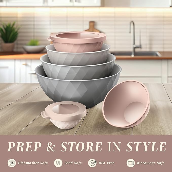 COOK WITH COLOR Mixing Bowls with Lids - 12 Piece Plastic Nesting Bowls Set includes 6 Prep Bowls and 6 Lids, Diamond Design - Microwave Safe (Mint)