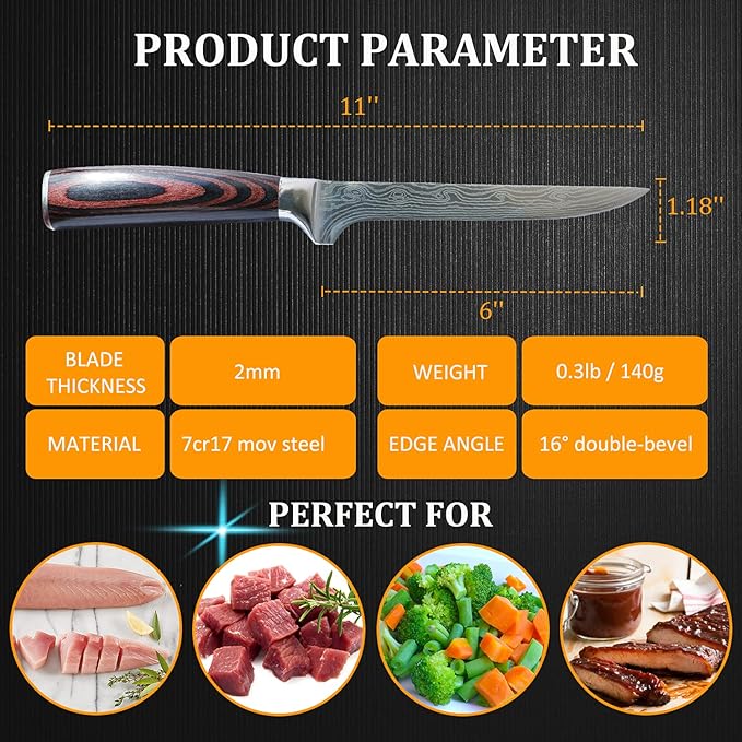 Premium Boning Knife with Sheath & Pocket Sharpener 6 Inch High Carbon Stainless Steel Japanese Fillet Professional Trimming Knife for Meat, Fish, Deboning