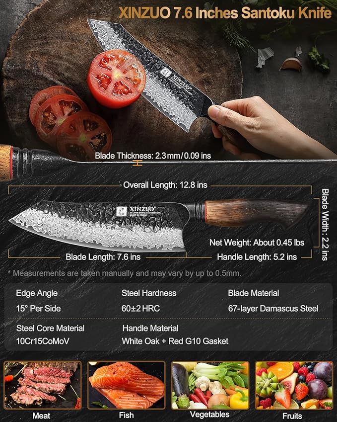 XINZUO 7.6 Inch Sharp Damascus Santoku Knife,Professional 67 Layers Damascus Steel Kitchen Meat Knife for Home and Kitchen,10Cr15CoMoV Steel Core,With White Oak + Red G10 Gasket Handle