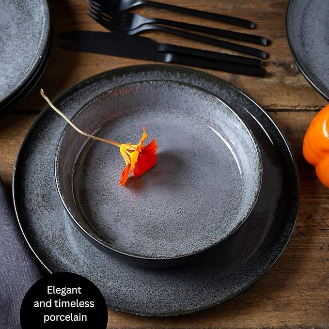VIDA 12-Piece Porcelain Dinnerware Plate Set for 4 | Includes 4 Dinner Plates, 4 Dessert Plates, 4 Bowls | Modern Grey Ceramic Tableware, Stoneware Look, Microwave & Dishwasher Safe Dishes
