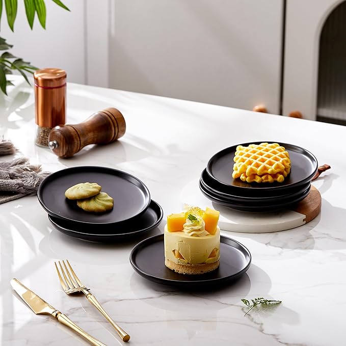Matte Ceramic Appetizer Plates 6 Inch,Small Mini Dessert Plates Set of 4,Microwave and Oven Safe Snack,Bread,Butter Dessert,Pie,Cake Plates Cat Dishes(6 inch,Black)