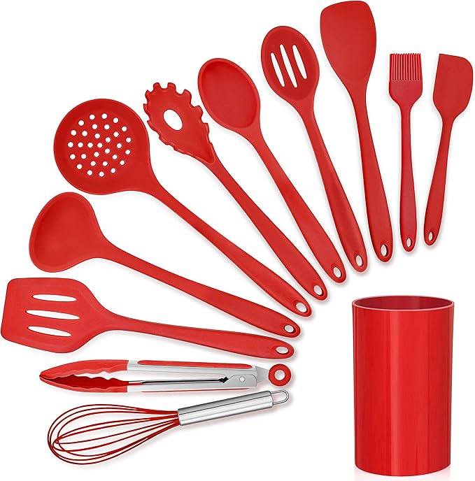 LIANYU 12-Piece Red Silicone Kitchen Cooking Utensils with Holder, Kitchen Tools Set Include Slotted Spatula Spoon Turner Ladle Tong Whisk, Dishwasher Safe