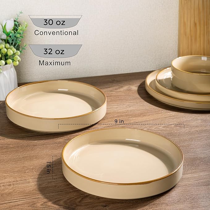 GBHOME 9'' Large Ceramic Pasta Bowls, 32oz Stoneware Pasta Serving Bowls Set of 4 for Kitchen, Wide Bowls for Fruit,Pasta,Salad,Oatmeal,Meal, Microwave Safe, Reactive Glaze-Warm Sand