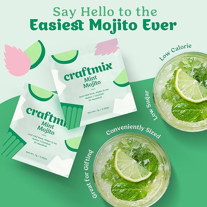 Craftmix Mint Mojito, Makes 12 Drinks, Rum Cocktail Mixers, Instant Skinny Cocktail and Mocktail Mix - Made With Real Fruit - Vegan Low-Carb, Low-Sugar, Non-GMO, Dairy Free, Gluten Free, Easy to Mix