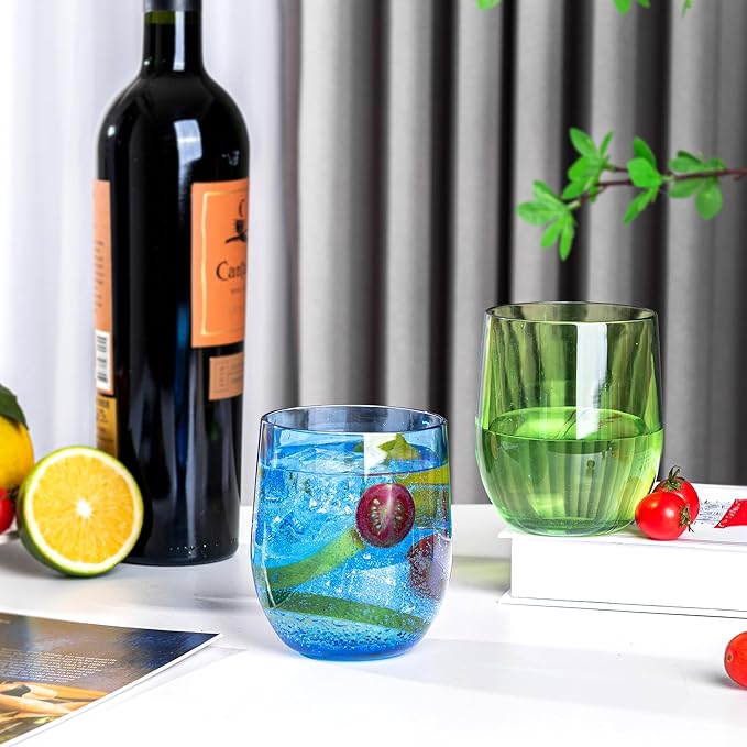 14-ounce Plastic Stemless Wine Glasses, All Purpose Arcylic Glasses, set of 6 Blue Reusable Shatter-resistant Dishwasher Safe