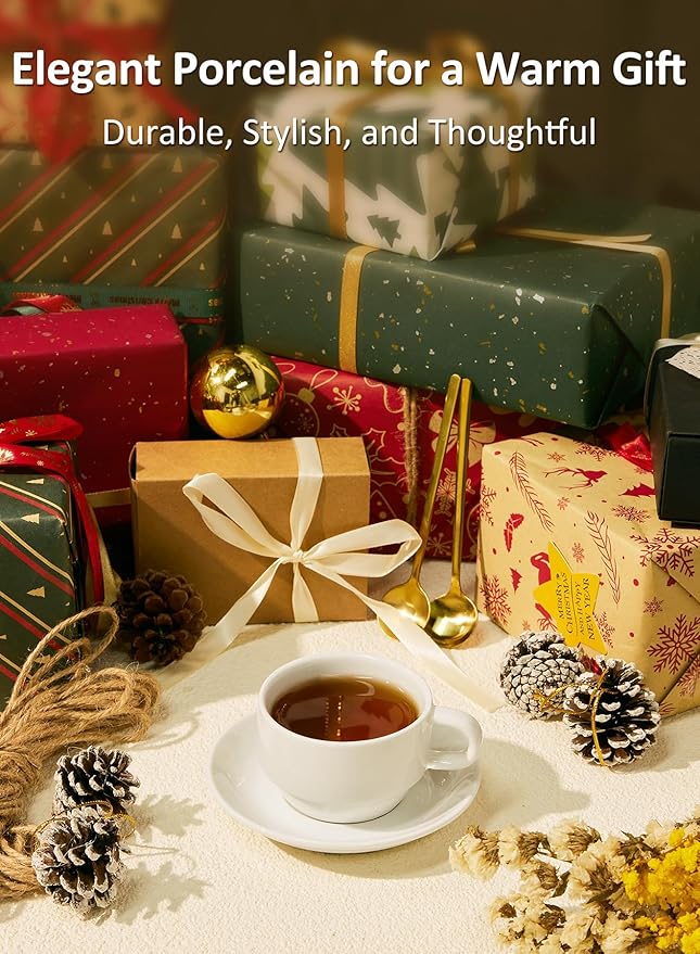 Yedio 8 oz Porcelain Cappuccino Cups with Saucers and Metal Stand, Stackable Coffee Cups for Latte, Americano, Tea – Set of 4, White