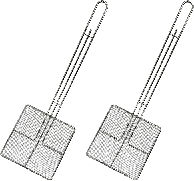 Wire Mesh Strainer with Long Handle | 2-Pack | 6.5" Square Frying Spoon | Stainless Steel | Cooking Oil Strainer for Deep Fryer & Professional Restaurant Use | Commercial Grease Skimmer