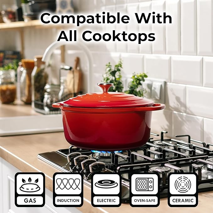 Zulay Kitchen 5 Quart Enameled Cast Iron Dutch Oven with Lid,Silicone Trivet & Heat Pad – Premium Durability & Oven Safe up to 500°F– Heavy Duty Cookware Perfect for Bread Baking, Stews, Braising & Roasting – Orange