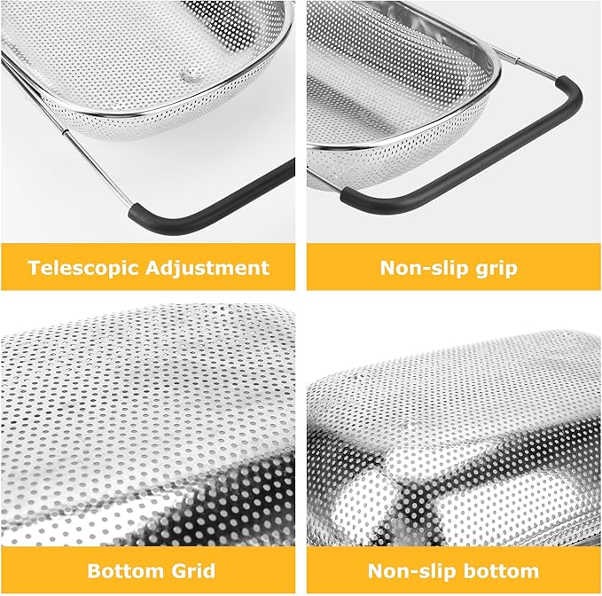 ZDRongZhen Kitchen Accessories Over the Sink Colander Strainer Basket,Stainless Steel Colander with Expandable Rubber Grip Sink Drainer-Rinse Vegetables Fruits &Strain&Drain (Large-Dense round hole)