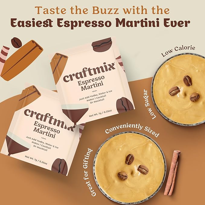 Craftmix Espresso Martini, Makes 24 Drinks, Skinny Cocktail Mixers - Mocktail Drink Mixers - Martini Mix With Real Coffee - Vegan Low-Carb, Low-Sugar, Non-GMO, Dairy Free, Gluten Free, Easy to Mix