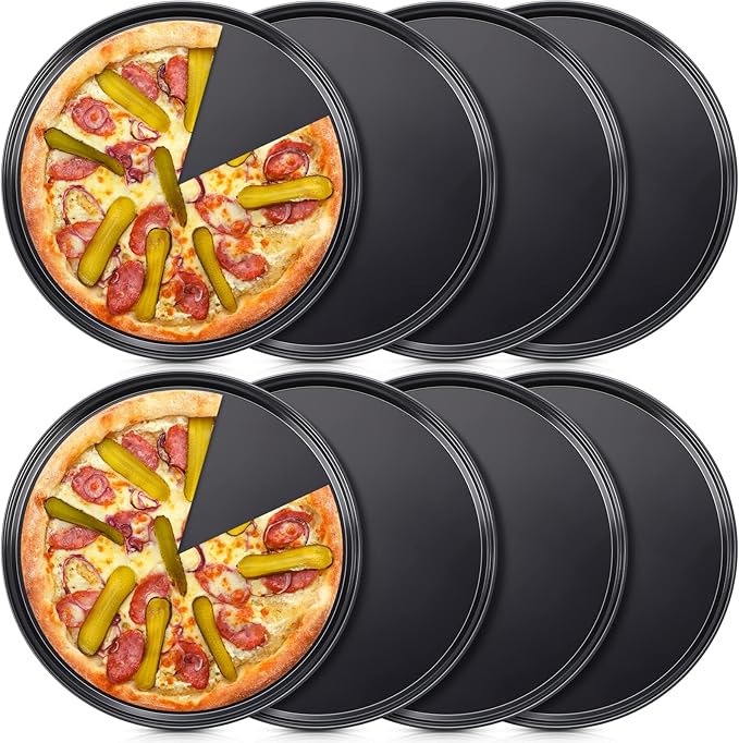 Meanplan 8 Pcs Non Stick Bakeware Pizza Pan Round Pan for Oven Carbon Steel Oven Tray Pie Baking for Home Restaurant Kitchen Baking Supplies, Black(12 Inch)