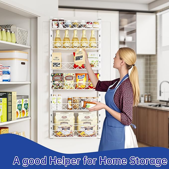 MIAOLI Over the Door Organizer, White 6-Tier Pantry Door Organizer with Adjustable Basket, Hanging Spice Rack Cabinet Door Shelves, Laundry Room Organization and Storage