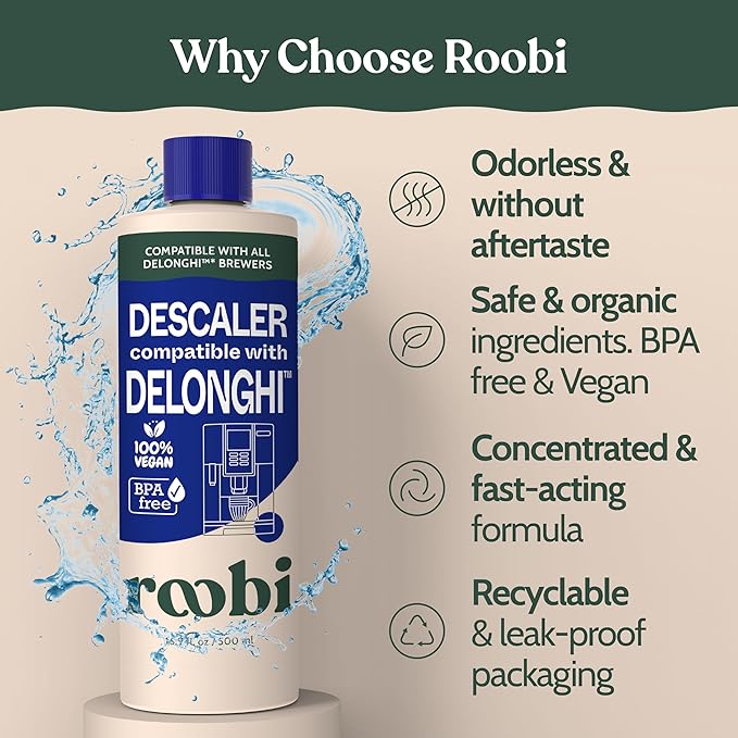 DeLonghi Compatible Descaling Solution. Clean & Descale your DeLonghi Coffee Maker. Single Bottle. Eco-Friendly Concentrated Formula. Carbon Neutral Cleaner Descaler Solution