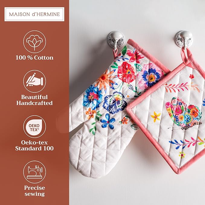 Maison d' Hermine 100% Cotton Oven Mitt & Pot Holder Set (7.5"x13" & 8"x8") Heat Resistant BBQ Cooking Gloves with Loop, Grilling, Kitchen, Handling Hot Pan Spring/Summer (Happy Florals - High Summer)