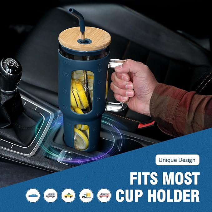 Glass Tumbler with Lid and Straw, 46 oz Iced Coffee Cup with Handle, Large Water Bottles with Silicone Sleeve, Glass Cup with Straws - Pearl Straw & Drinking Straw BPA Free-Blue