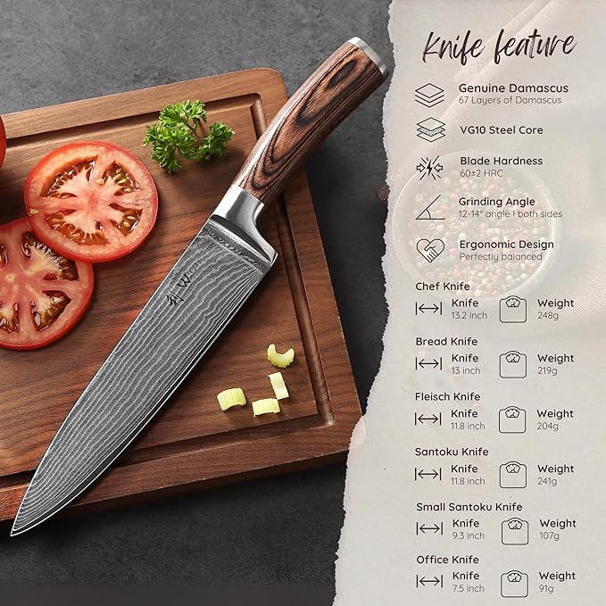 Wakoli EDIB 6-Piece Damascus Knife Set – Complete Japanese Style Kitchen Knives Collection | Genuine Damascus Steel Blades with VG10 Core | Ergonomic Pakkawood Handles | Professional Knife Gift Set