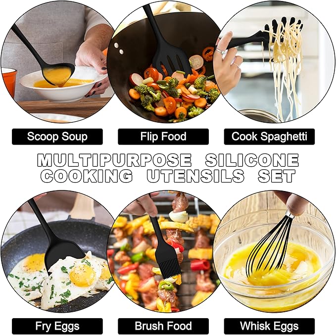 E-far Silicone Cooking Utensils Set, 24Pcs Heat Resistant Kitchen Utensil with Holder, Silicone Kitchen Tools with Spatula Turner Spoon Tongs Whisk, Non-Toxic & Dishwasher Safe (Black)