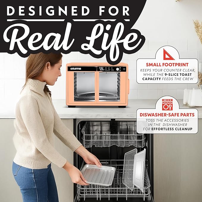 Gourmia French Door Digital Air Fryer Oven - 25-Quart XL Capacity, 12 Presets, Touchscreen, FryForce 360° Tech, Dehydrate, Proof, Slow Cook, Fits 13” Pizza, 1700W, Peach