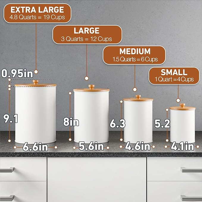 Kitchen Canisters for Countertop Set of 4 with Customizable Chalkboard Labels & Marker Pen - Big Iron Kitchen Canisters with Airtight Lids - White Canister Set - Flour and Sugar Containers Farmhouse