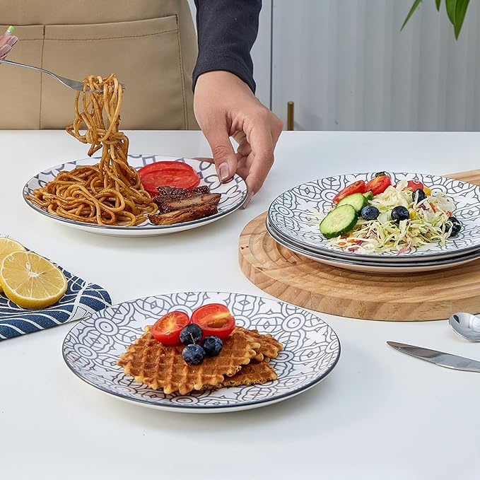 bestone 7.5 Inch Porcelain Salad Plates Set, Porcelain Dessert/Salad Plate,Classic Round with Wide Rim, Lead-Free,Dishwasher, Microwave, Freezer, Oven Safe, for Everyday Use-Set of 4,Grey