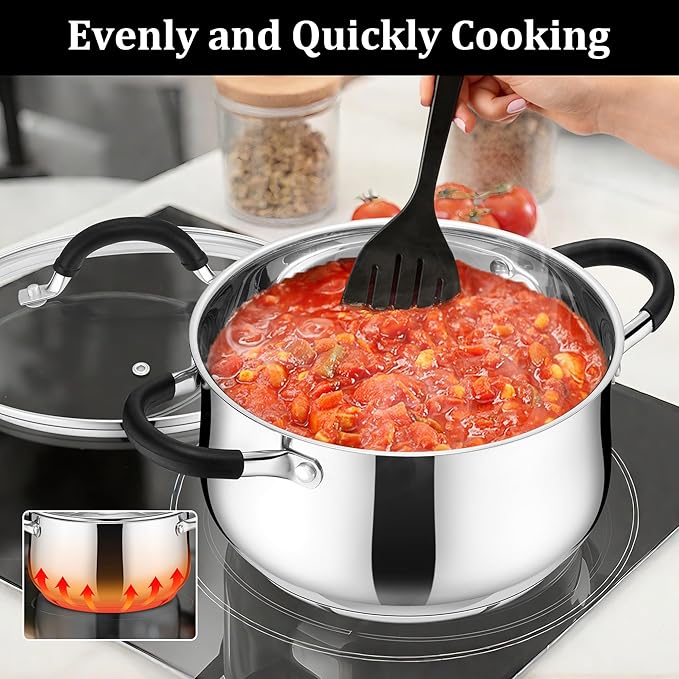 E-far 4 Quart Stockpot, Stainless Steel Pot with Visible Lid for Cooking Soup Pasta, Tri-Ply Thick Base for Induction Gas, Small Cooking Pot with Dual Heat Proof Handles, Non-Toxic & Dishwasher Safe