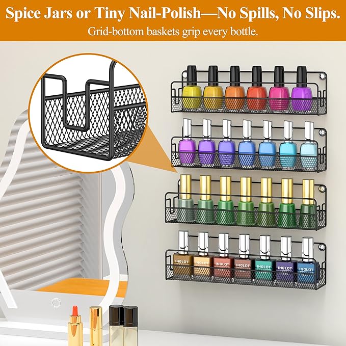 Wall Mounted Spice Rack Organizer, Pantry Door Organizer & Hanging Storage Baskets, Metal Spice Shelf for Kitchen Cabinet, 3 Depth Sizes Hold Large Jars to Nail Polish Bottles, 4 Pack