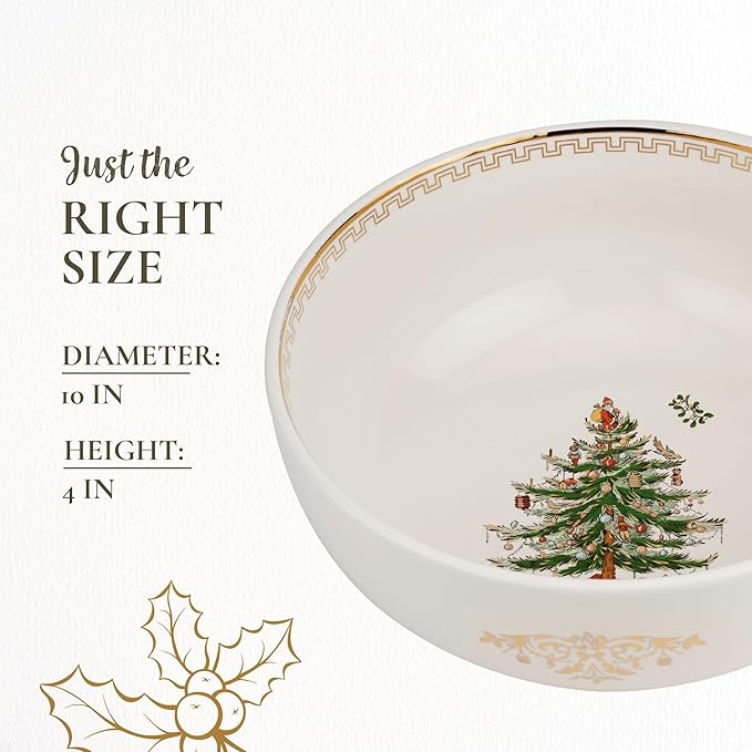 Spode Christmas Tree Gold Large Round Bowl - 10-Inch Stoneware Bowl for Serving Salad, Pasta, and Side Dishes - Elegant Holiday Serving Dish with 22K Gold Accents, Dishwasher Safe