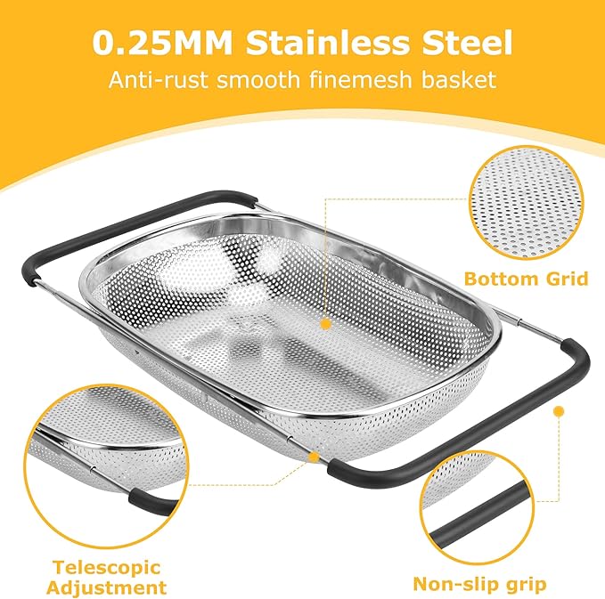 ZDRongZhen Kitchen Accessories Over the Sink Colander Strainer Basket,Stainless Steel Colander with Expandable Rubber Grip Sink Drainer-Rinse Vegetables Fruits &Strain&Drain (Large-Dense round hole)