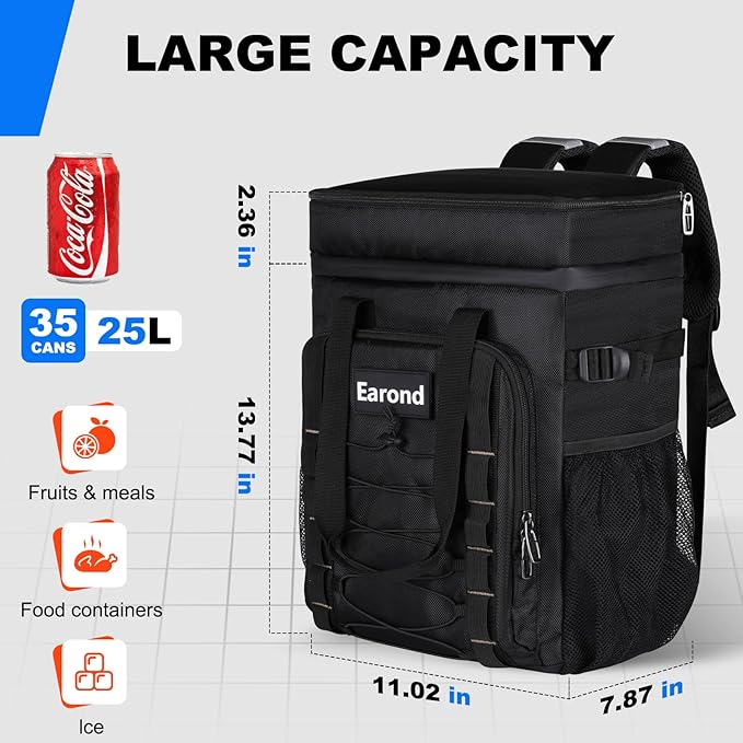 25L Insulated Cooler Backpack with Waterproof Zipper & Multi-Compartment Design Leakproof Lunch Bag for Beach, Camping, Office - Spacious Thermal Light-Weight Backpack for Men and Women-Black