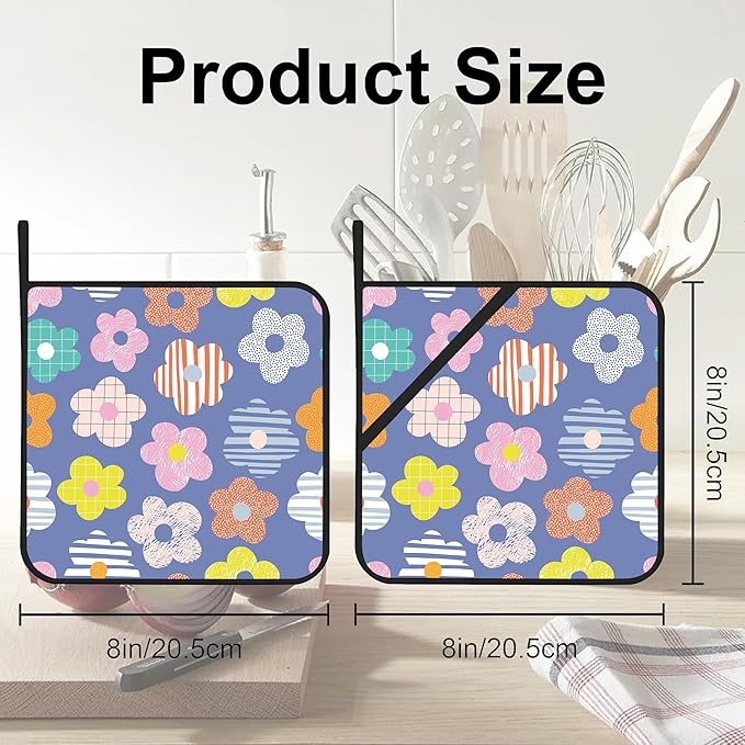 Vintage Boho Daisy Flowers Pot Holders Set of 2 Kitchen Heat Resistant Potholders for Microwave Cooking Baking Oven End Dishes and BBQ Gifts for Women