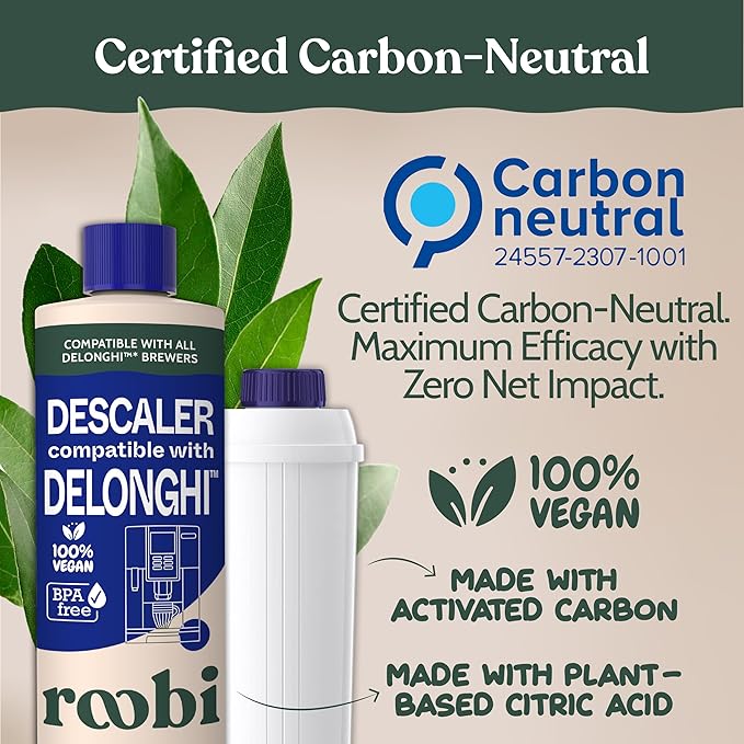 Roobi DeLonghi Compatible Cleaning Descaling Kit. Includes 1 Bottle of Descaling Solution and 4 DeLonghi Filters. Carbon Neutral DeLonghi Cleaner Descaler Kit. 1 Year Supply.