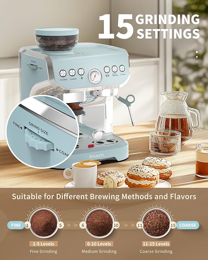 Amaste Espresso Machine with Grinder, 15 Bar Espresso Machine with Steam Wand for Latte and Cappuccino, 68Oz Water Tank, Pre-Infuse Brewing, Espresso Coffee Maker for Home Use, Barista Kit, Blue